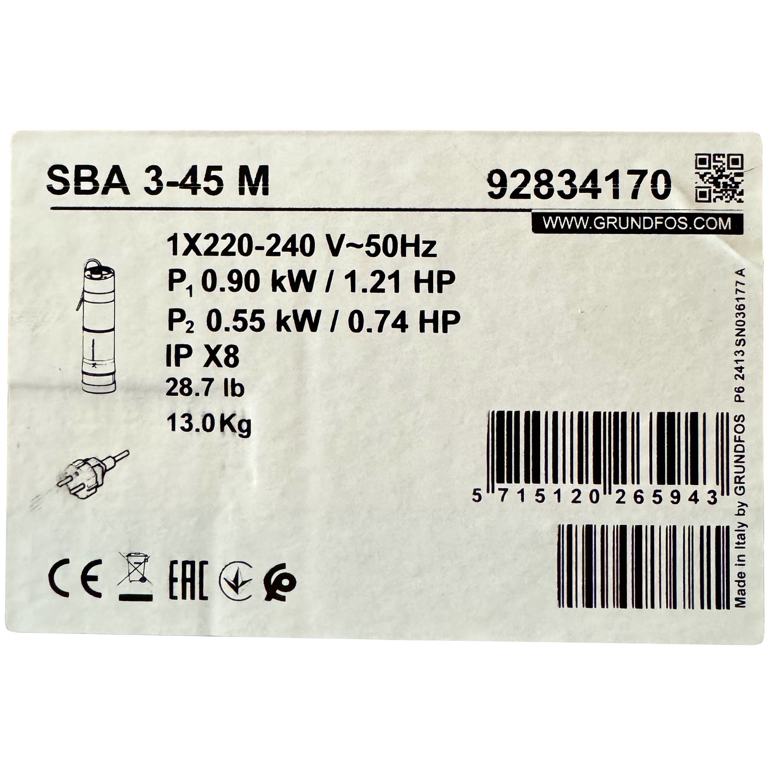 Panardinamas siurblys šuliniui SBA 3-45 M GRUNDFOS